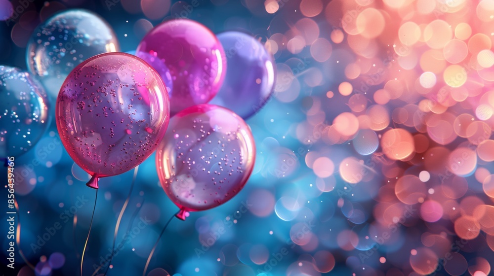 Poster several colorful balloons float against a background of iridescent bokeh lights.