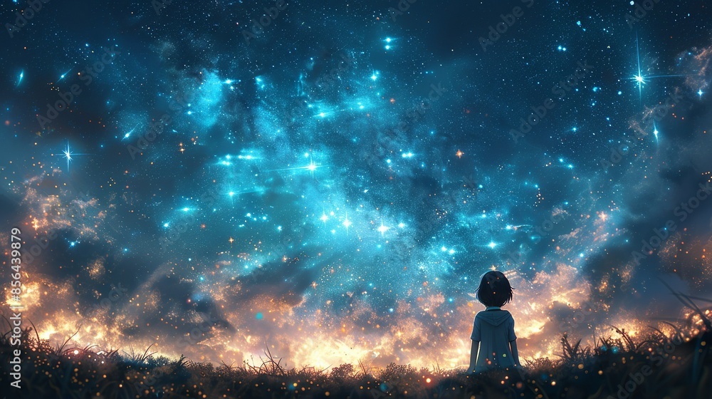 Wall mural a child gazing at the stars with wonder, representing the calming effect of connecting with the beau