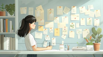 A teenager writing positive affirmations on sticky notes, promoting self-love and resilience in the face of adversity. Illustration, Minimalism,