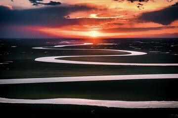 Winding River in the sunset in Bayanbulak Grassland, Xinjiang, China