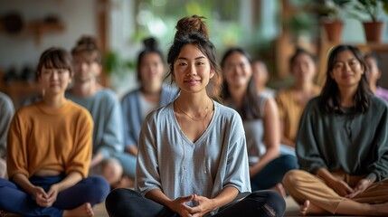 A group of friends practicing mindfulness in a circle, engaging in mindful breathing exercises together. Illustration, Minimalism,