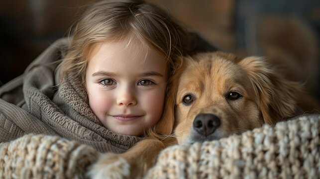 A child cuddled up with a pet, demonstrating the therapeutic bond between animals and humans in reducing stress. Illustration, Minimalism,