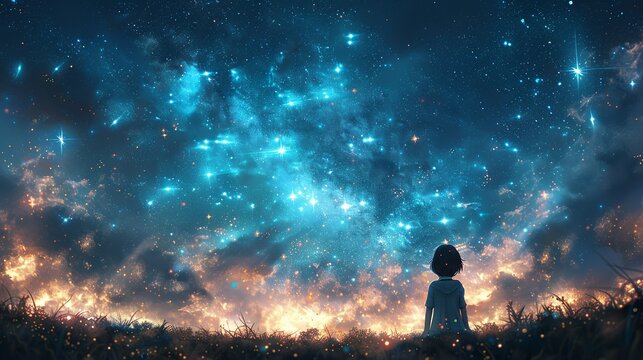 A child gazing at the stars with wonder, representing the calming effect of connecting with the beauty of the universe. Illustration, Minimalism,