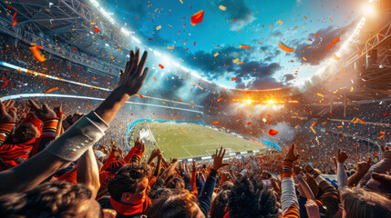 Enthusiastic soccer fans cheer under bright lights, with confetti flying, in a packed stadium during an evening match.