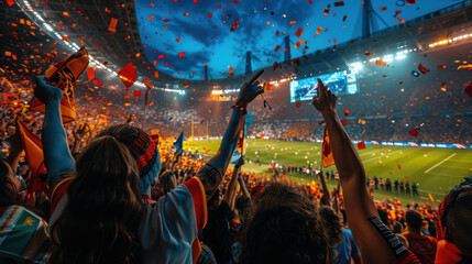 Fototapeta premium Excited soccer fans celebrate in a packed stadium, with confetti in the air, under vibrant lights during a night match.