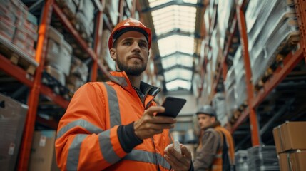 A warehouse worker wearing a hard hat and safety vest uses a smartphone to check inventory in a large, modern warehouse.