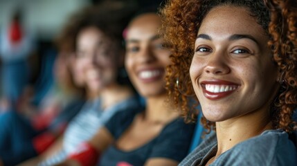 Fototapeta premium Three women are sitting together and smiling. One of them has red hair. They are all wearing black shirts