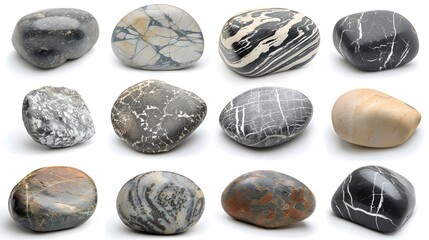 Collection of water river stone or spa stone with various types and shapes isolated on white...