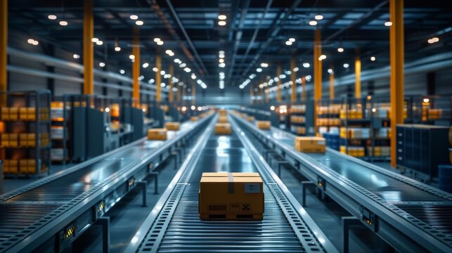 A box traveling down a conveyor belt in a modern automated warehouse.