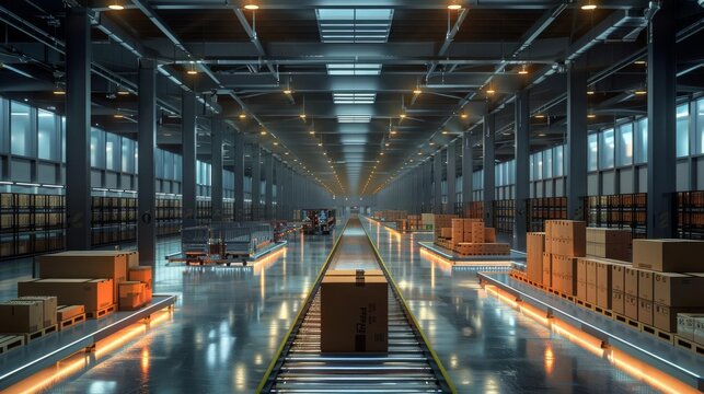A large, modern warehouse with a high ceiling and bright lights. There are many shelves with boxes on them, and a conveyor belt running through the middle of the warehouse.