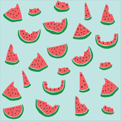 Vector watermelon background with black seeds. Seamless watermelons pattern. Vector background with watercolor watermelon slices. Cute seamless vector pattern with watermelons.