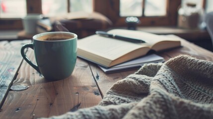 Working remotely desk with coffee paper and pen creative thinking break at home