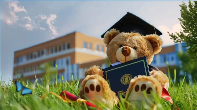 Cute teddy bear with graduation cap and diploma on school building background. Seamless loop video background