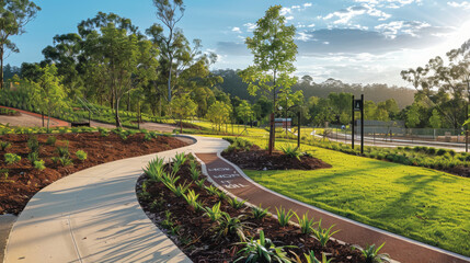 Fototapeta premium A beautifully landscaped park with a winding pathway, lush greenery, and early morning sunlight creating a peaceful ambiance.