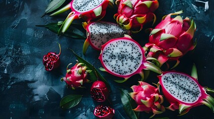 beautiful fresh sliced red and white dragon fruit as background. 