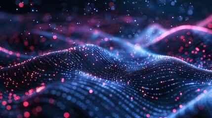 Obraz premium Abstract Digital Landscape of Glowing Dots and Waves, Generative AI