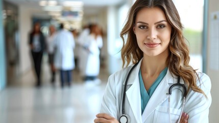 Fototapeta premium A woman in a white coat is posing for a picture in a hospital hallway. She is smiling and she is a doctor