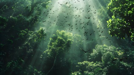 Mystical Rainforest Canopy with Flying Tropical Birds, Midday Sunlight. Copy Space