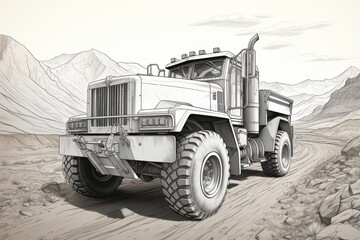 Fototapeta premium A vintage all-terrain vehicle cruises through the desert with rugged mountains in the distance. Perfect for promoting tourism and creating text mockups. Retro style. Coloring Page.