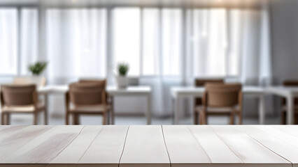 Wooden white table in room with chairs, empty table