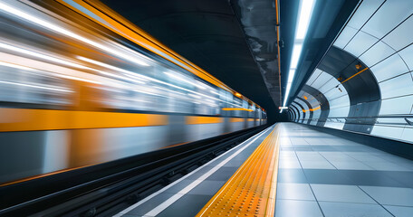 A yellow subway train speeds through a modern underground station, creating a blur of motion.