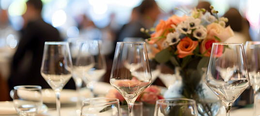 Fototapeta premium Blurred background of a wedding reception with wine glasses and flowers.