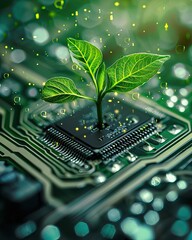 Tree growing on the converging point of computer circuit board. Green computing, technology, IT, CSR, and IT ethics. Environment technology. AI generated illustration