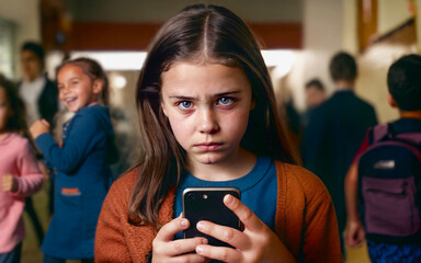 Fototapeta premium Sad schoolgirl, 6-9 years old, worried about bullying or school stress, holding smartphone, afraid of bad news, loneliness, cyber-grooming, Gen Alpha