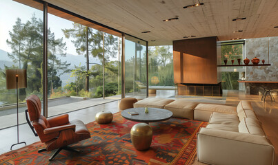 Fototapeta premium Wright Style (Japandi, Retro 60s) Living Room Design. Architecture, modern, wood, home, windows, garden