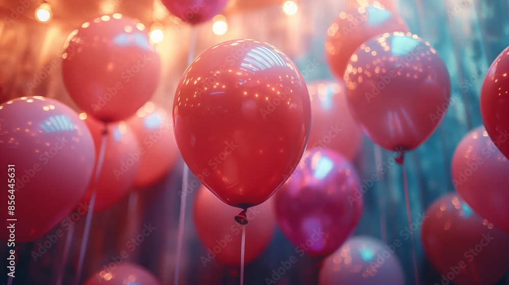 Poster a close-up shot of several pink balloons floating in a room, lit by warm string lights in the backgr