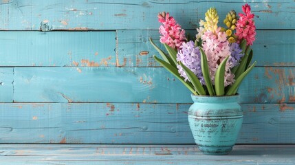 Hyacinth flowers in Easter vase on blue wooden background