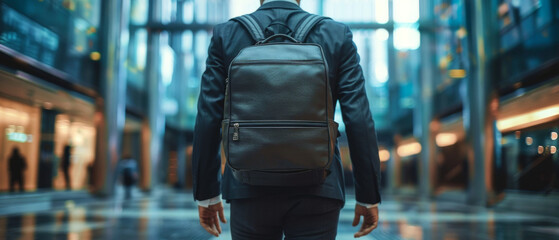 Rear view of a businessman with a backpack standing in a modern building, signifying travel, mobility, and professional lifestyle.