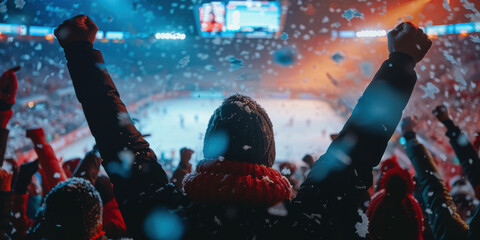 Excited fans cheer and celebrate during a snowy hockey game in a stadium, creating an energetic and vibrant atmosphere.