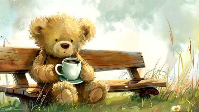 Teddy bear with hot coffee on the bench. Seamless loop video background