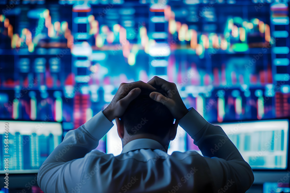 Poster a stressed businessman sits in front of a wall of computer screens displaying stock market data.