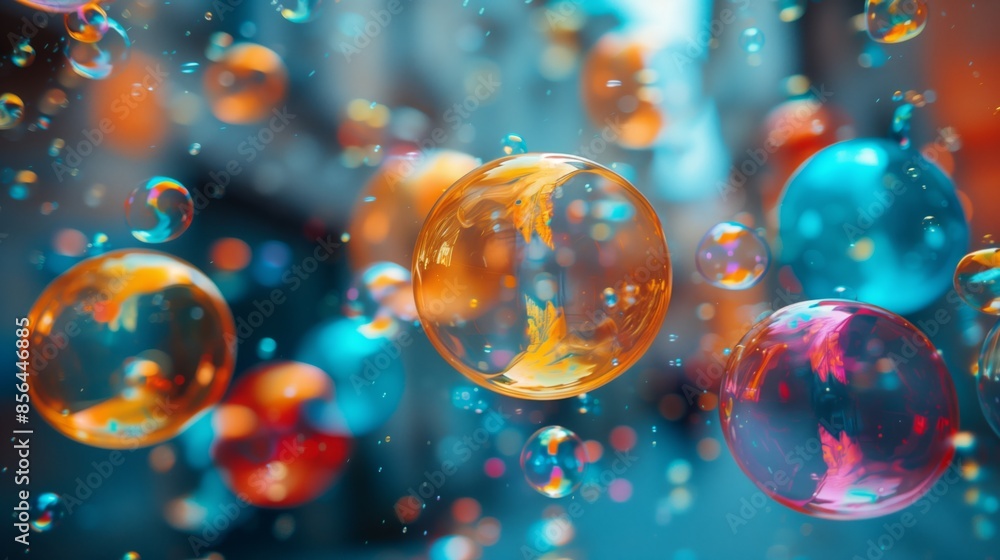 Poster a vibrant image showcasing a collection of colorful bubbles floating in the air. the bubbles are iri
