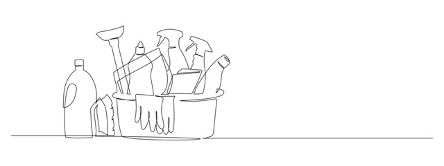 Bucket with cleaning supplies in one continuous line drawing. Cleanup and washing concept in simple linear style. Household and housekeeping symbol in editable stroke. Doodle vector illustration