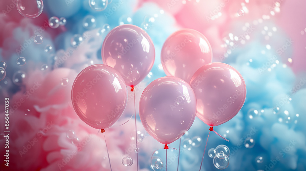 Poster a group of pink balloons float amidst a background of soft pink and blue clouds with shimmering bubb
