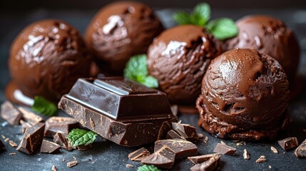 Appetizing chocolate ice cream balls and vanilla  