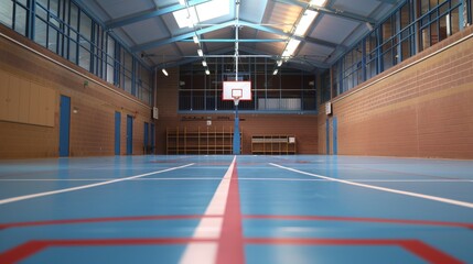 Indoor Basketball Court with Blue Floor, Generative AI