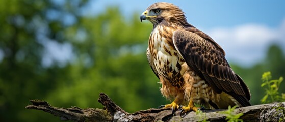 Fototapeta premium Majestic Hawk perched high on a tree demonstrating vigilance and patience while scanning for prey in natural setting