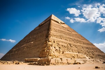 Pyramid of Khufu, Giza, Egypt, Cinematic shot with a sky background and clouds in the background.