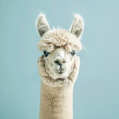 Obraz premium Curious Alpaca Poses for Camera Against Light Blue Background in Artistic Animal Portrait Shot