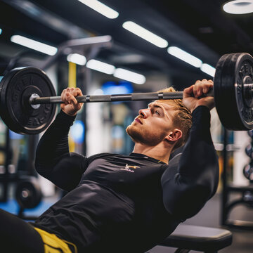 Young fit and strong man lifting heavy weights in gym