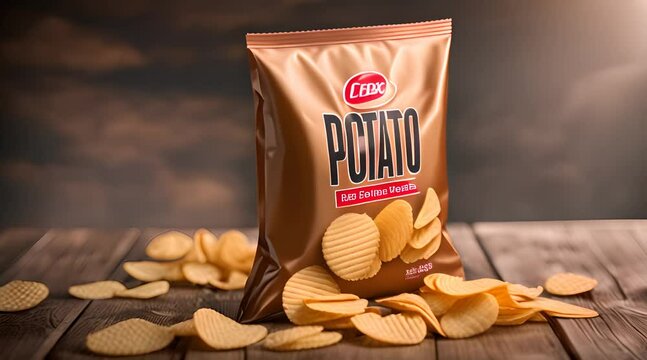
Potatoes chips package template. Potato crisps packing in realistic style vector illustration, hot potatos chip snacking packaging bag, snacks packet
