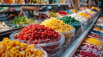 Obraz premium Colorful assorted candies in glass bowls displayed at a market, showcasing a variety of sweets and confectionery treats.