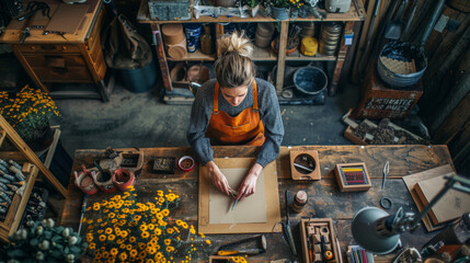 A female artisan works diligently in a workshop, surrounded by tools and materials, crafting a handmade item with precision.