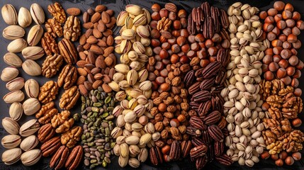 assorted nuts background, large mix seeds. raw food products: pecan, hazelnuts, walnuts, pistachios, almonds, macadamia, cashew, peanut and other  