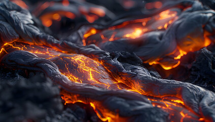 Molten lava flows in fiery streams, glowing orange against dark, textured rock.