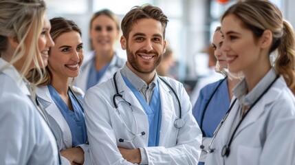 Fototapeta premium A group of doctors are smiling and posing for a photo. Scene is happy and friendly